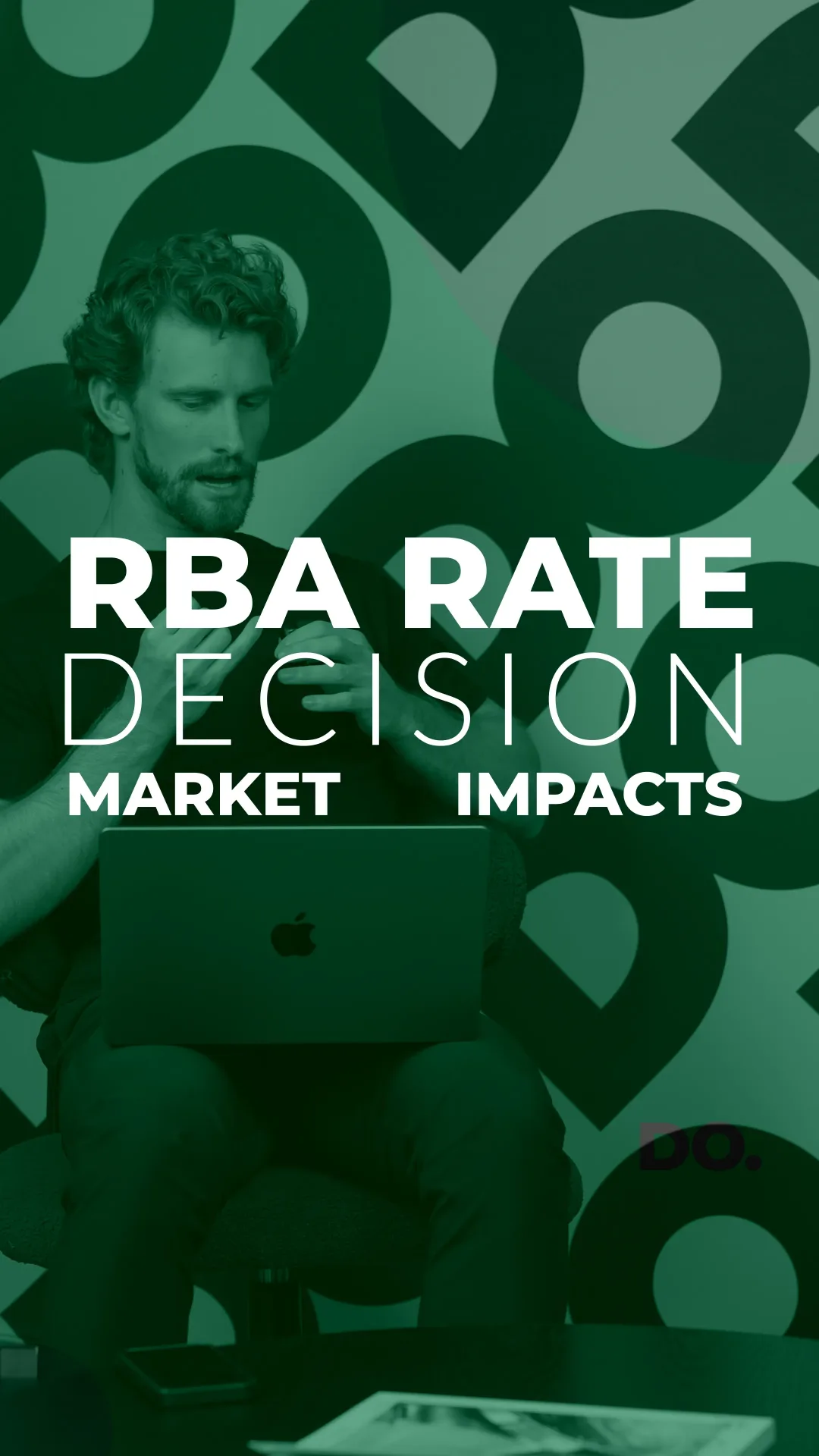 Title card reading RBA Rate Decision, Market Impacts, over a broker at a laptop
